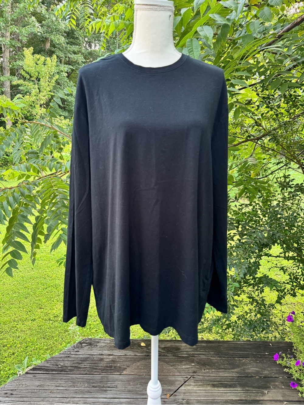 Apt. 9 Black Long-Sleeve Crewneck Shirt Stretch Knit Tunic Length Tee